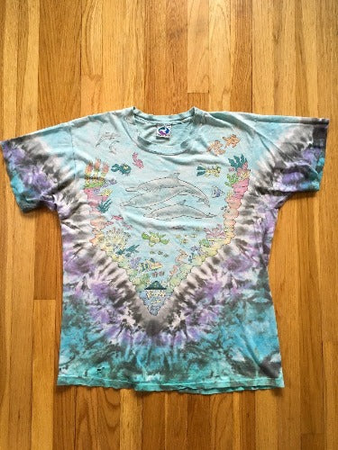 Autentiški vintažiniai skystai mėlyni Joey Mars Under Water marškinėliai XL Tie Dye